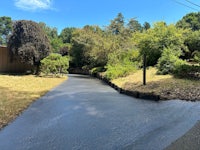 a paved road in a residential area