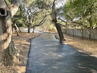 a paved path in a wooded area with trees